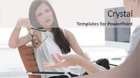  Presentation with employees - Cool new PPT layouts with staffing jobs - two employees discussing a new backdrop and a  colored foreground