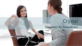  Presentation with cooperative cooperation at new project - PPT theme having staffing jobs - two employees discussing a new background and a  colored foreground