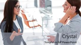  Presentation with staffing - Amazing slide deck having staffing jobs - two employees talking standing backdrop and a  colored foreground