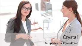  Presentation with employees - Audience pleasing presentation consisting of staffing jobs - two employees talking standing backdrop and a  colored foreground