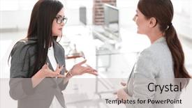  Presentation with employees - Presentation theme consisting of staffing jobs - two employees talking standing background and a light gray colored foreground
