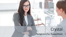  Presentation with staffing - Beautiful PPT layouts featuring staffing jobs - two employees talking standing backdrop and a light gray colored foreground
