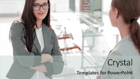  Presentation with staffing - Beautiful theme featuring staffing jobs - two employees talking standing backdrop and a light gray colored foreground