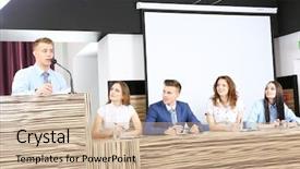  Presentation with conference - Amazing presentation design having stage coach - business people at tribune backdrop and a soft green colored foreground