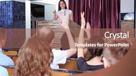  Presentation with kick off meeting crystal - Beautiful presentation design featuring stage coach - meeting in conference hall backdrop and a coral colored foreground