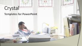  Presentation with home office - Theme featuring stained glass - side view of happy businessman background and a white colored foreground