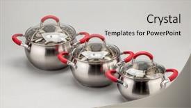  Presentation with stainless steel - Slide deck featuring stainless steel pots and pans background and a light gray colored foreground
