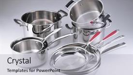 Presentation with stainless steel - Presentation theme featuring stainless steel pots and pans background and a light gray colored foreground