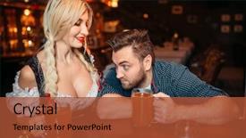  Presentation with business man climbs up to the top of 3d success stairs steps - Audience pleasing theme consisting of stairs at breasts of waitress backdrop and a red colored foreground