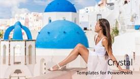  Presentation with santorini - PPT layouts having stairs person in white background and a  colored foreground