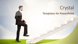  Presentation with climbing - Colorful presentation theme enhanced with stairway heaven - business person climbing up backdrop and a cream colored foreground