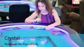  Presentation with happy smiling woman dental health - PPT theme enhanced with stake - pretty curly smiling woman sits background and a light blue colored foreground