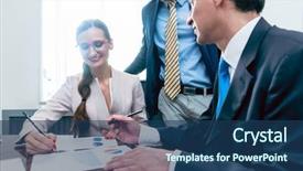  Presentation with interpreting - Theme having stakeholders - business analyst smiling while interpreting background and a ocean colored foreground