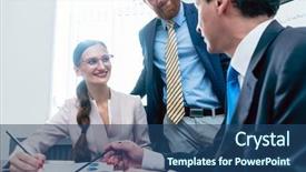  Presentation with interpreting - Cool new presentation with stakeholders - business analyst smiling while interpreting backdrop and a ocean colored foreground