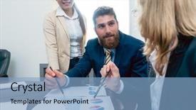  Presentation with interpreting - Amazing presentation theme having stakeholders - business analyst smiling while interpreting backdrop and a light blue colored foreground