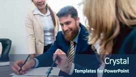  Presentation with interpreting - Beautiful presentation theme featuring stakeholders - business analyst smiling while interpreting backdrop and a ocean colored foreground