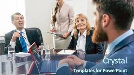  Presentation with managers - Colorful presentation theme enhanced with stakeholders - happy middle-aged managers listening backdrop and a ocean colored foreground