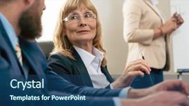  Presentation with office management - Presentation design with stakeholders - portrait of a middle-aged woman background and a ocean colored foreground