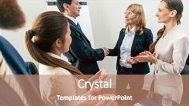  Presentation with shaking hands - Amazing slide deck having stakeholders - two middle-aged business associates smiling backdrop and a coral colored foreground