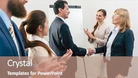  Presentation with shaking hands - Audience pleasing PPT layouts consisting of stakeholders - two middle-aged business associates smiling backdrop and a coral colored foreground