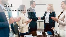  Presentation with business success - Theme with stakeholders - two middle-aged business managers shaking background and a light gray colored foreground