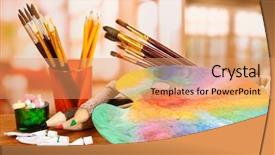  Presentation with paint art - Slides featuring stale - artistic equipment paint brushes background and a  colored foreground