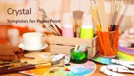  Presentation with paint art - Colorful slide set enhanced with stale - artistic equipment paint brushes backdrop and a  colored foreground