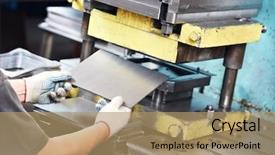  Presentation with stamp - Cool new slide deck with stamp - worker at manufacture workshop operating backdrop and a coral colored foreground