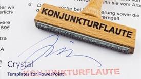  Presentation with economic - Cool new presentation design with stamp made of wood lying on a document german words economic downturn backdrop and a sky blue colored foreground