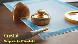  Presentation with public document - Slide set with stamp magnifier ink pad pen background and a tawny brown colored foreground