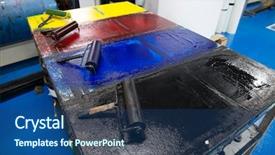  Presentation with old fashioned women - Colorful presentation design enhanced with stamping manufacture - old fashioned printing house backdrop and a ocean colored foreground