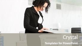  Presentation with machine - Slide deck consisting of stand firm - businesswoman standing at the copying background and a gray colored foreground