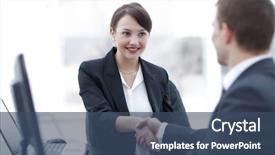  Presentation with shaking hands - Colorful slide deck enhanced with stand firm - closeup of business woman shaking backdrop and a ocean colored foreground