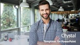  Presentation with cheerful - Slide deck enhanced with stand firm - image of young cheerful man background and a seafoam green colored foreground