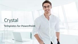  Presentation with man looking up happy - Theme enhanced with stand firm - photo of young happy man background and a  colored foreground