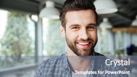  Presentation with coworking - Slide set with stand firm - picture of young happy man background and a gray colored foreground