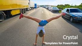  Presentation with traffic congestion - PPT theme with stand girl in a traffic background and a gray colored foreground