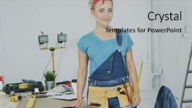  Presentation with jeans - Beautiful PPT theme featuring stand red pencil - attractive young woman in jeans backdrop and a light gray colored foreground