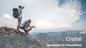  Presentation with rise - Amazing PPT layouts having stand rise hand - hikers with backpacks relaxing backdrop and a gray colored foreground