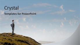  Presentation with businessman standing on mountain top - PPT theme consisting of stand rise hand - rear view of confident businessman background and a light blue colored foreground