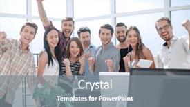  Presentation with new office - Presentation theme consisting of stand solution - happy business team standing background and a gray colored foreground
