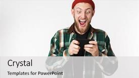  Presentation with mobile games - Slide deck consisting of stand tall - portrait of european guy wearing background and a white colored foreground