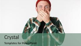  Presentation with mouth - Slides having stand tall - portrait of scared bearded guy background and a ocean colored foreground