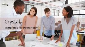  Presentation with logistics business plan - PPT theme having stand up - young business team standing background and a coral colored foreground