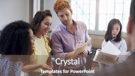  Presentation with ideas - Presentation design enhanced with stand up - young creatives discussing brainstorm ideas background and a violet colored foreground