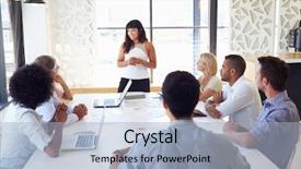  Presentation with meeting - Presentation theme with stand up meetings - businesswoman presenting to colleagues background and a  colored foreground