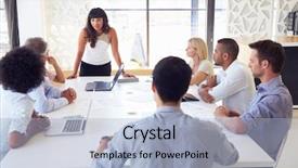  Presentation with kick off meeting - Audience pleasing presentation theme consisting of stand up meetings - businesswoman presenting to colleagues backdrop and a  colored foreground