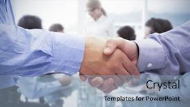  Presentation with board meeting - Amazing presentation design having stand up meetings - two men shaking hands backdrop and a light blue colored foreground
