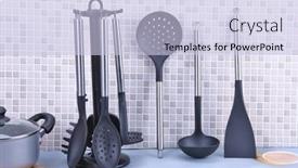  Presentation with kitchen utensils - Presentation theme enhanced with stand-with-set-of-kitchen background and a lemonade colored foreground