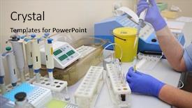  Presentation with test tubes - Beautiful PPT layouts featuring standardized tests - workplace with automatic pipettes backdrop and a soft green colored foreground